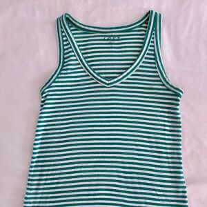 LOFT Green and White Striped Tank Top